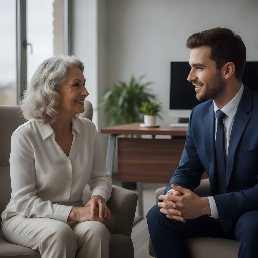 Senior woman consulting with a professional financial advisor in a modern office
