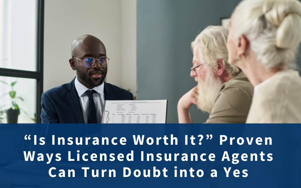 Licensed insurance agent explaining coverage to a hesitant client, illustrating the question “is insurance worth it” through a clear risk vs protection comparison